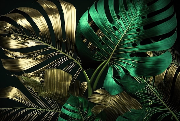 Bold metallic tone color of tropical monstera and palm leaf background