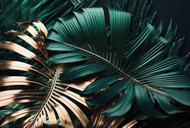 Bold metallic tone color of tropical monstera and palm leaf background