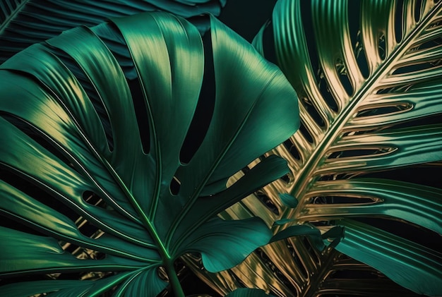 Bold metallic tone color of tropical monstera and palm leaf background