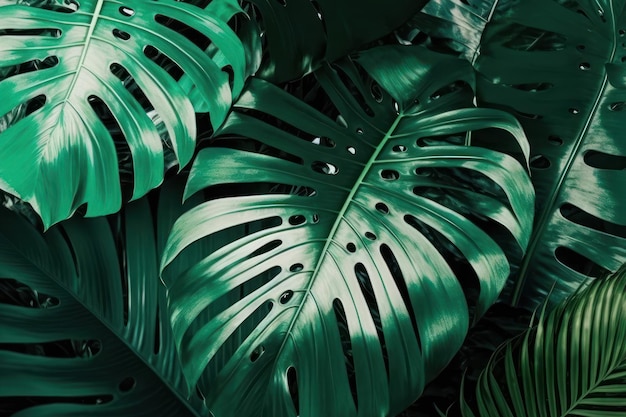 Bold metallic tone color of tropical monstera and palm leaf background