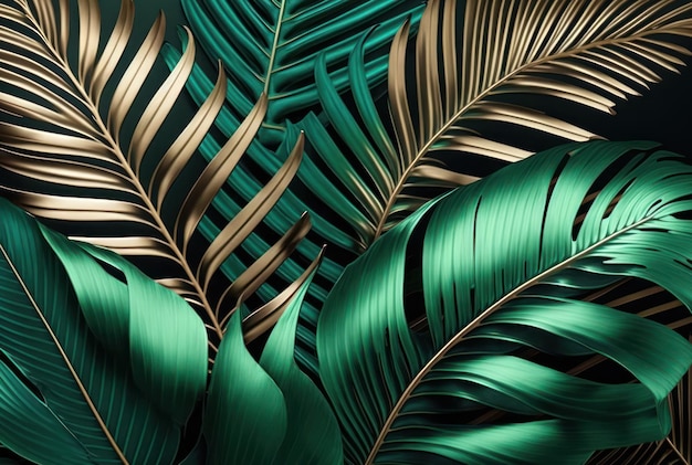 Bold metallic tone color of tropical monstera and palm leaf background