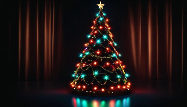 A bold and modern black background with colorful neon lights forming the shape of a Christmas tree