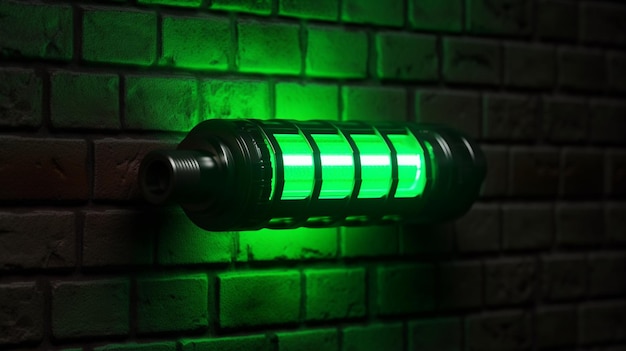Bold and modern green neon flashlight on brick wall