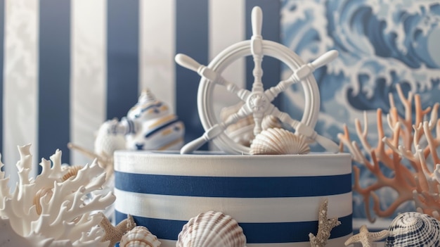 Bold navy and white stripes cover this podium reminiscent of classic nautical style a ships wheel