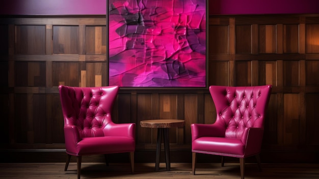 Photo bold pink leather chairs and layered veneer art in scottish ale room