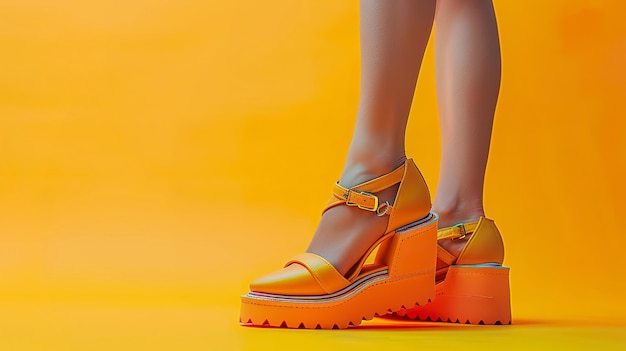 Bold platform sandals on bright yellow background