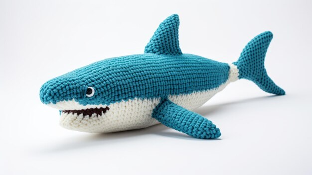 Смелая и игривая вязаная игрушка с акулой в синем и белом