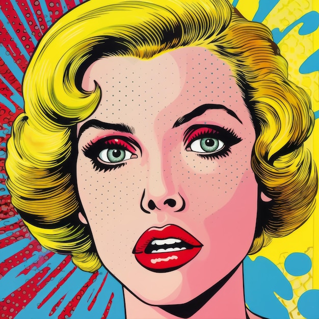 Bold Pop Art Illustration Of A Colorized Blond Woman With Exagge