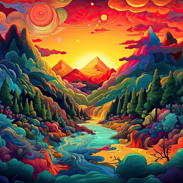 Bold psychedelic nature landscape elements