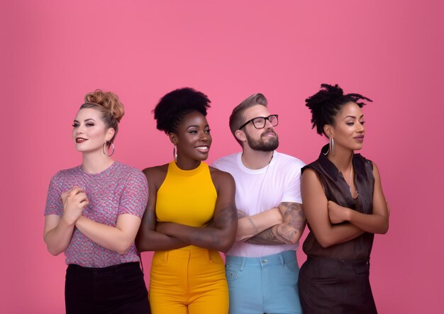 Photo bold punchy headshots portrait of diverse group of people on pink background