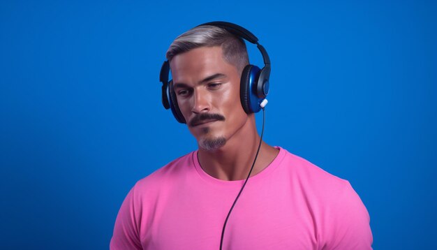 青い背景にピンクのTシャツを着たヘッドフォンをかけた男の肖像画