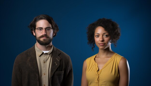 Bold Punchy Headshots Portrait of Man and Woman on blue background