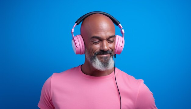 Bold Punchy Headshots Portret van man met koptelefoon met roze T-shirt op blauwe achtergrond