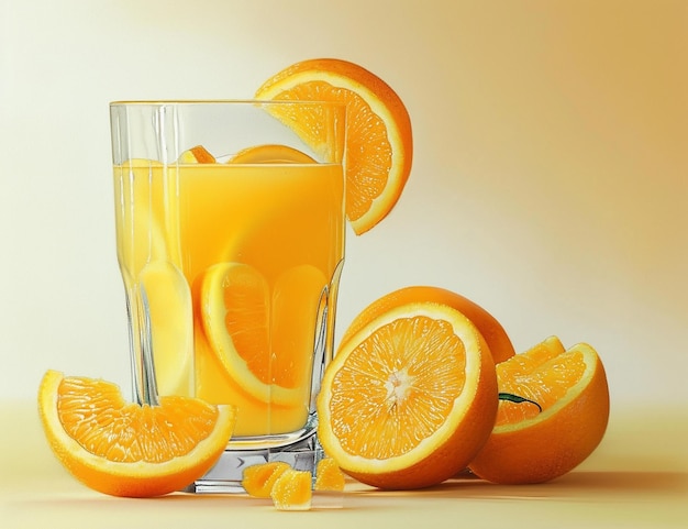 Bold and Realistic Orange Juice Glass with Fruit Pieces in Light Colors