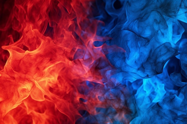 Bold red and blue flames ignite the darkness of the background