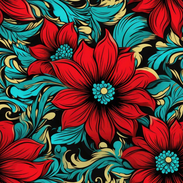 Bold Red and Turquoise Floral Seamless Pattern with Gold Accents