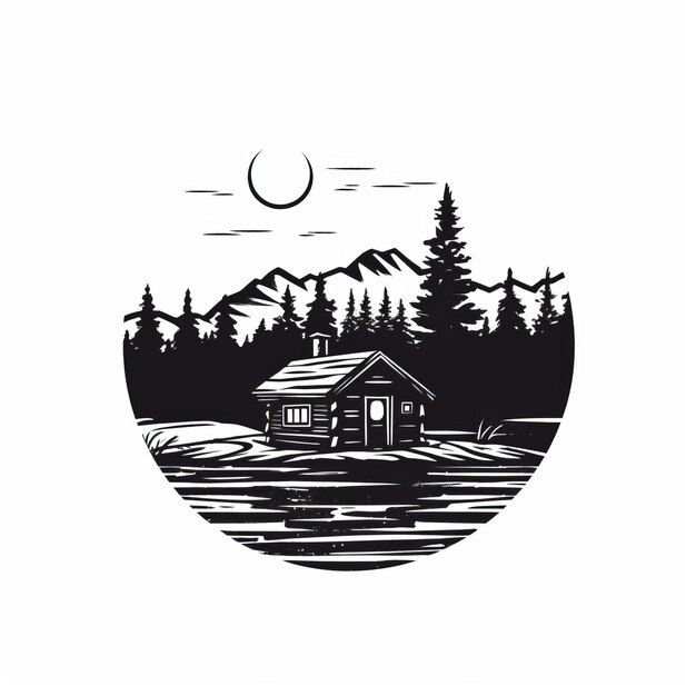 Bold Stencil Cabin Illustration Rustic Nature In Black And White