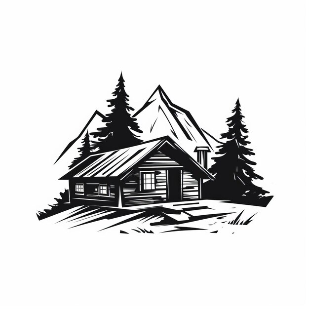 Bold Stencil Style Cabin Illustration On White Background