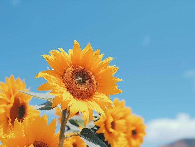 Bold sunflowers standing tall under the clear blue summer sky