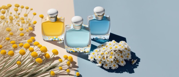 Foto bottiglie di profumo in vetro trasparente estate soleggiata alla moda audace elegante banner di profumeria ia generativa
