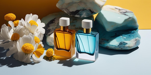 Bold trendy sunny summer transparent glass perfume bottles stylish parfumerie banner Generative AI