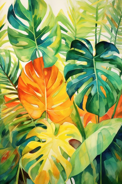 a bold and tropical illustration featuring watercolor leaves in shades of green