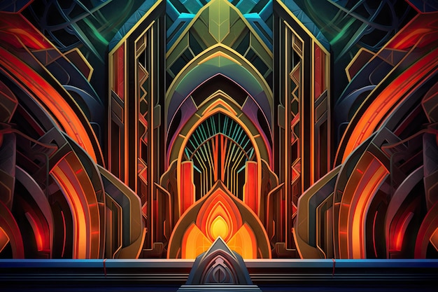 A bold and vibrant geometric composition inspired by the Art Deco era featuring symmetrical shapes and bold color palettes