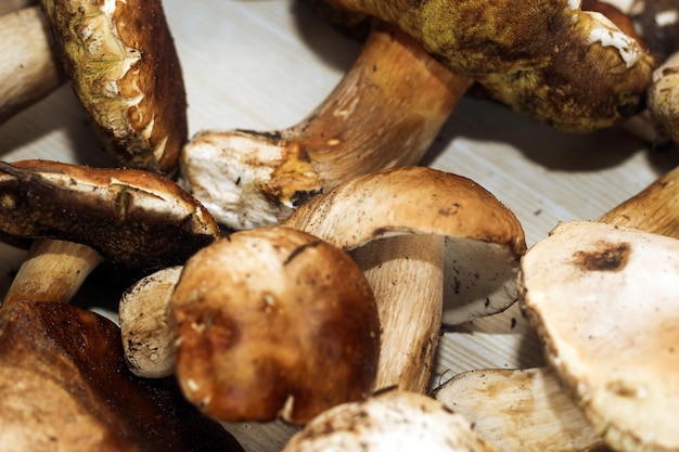 Boletus edulis op een tafel gemaakt van bruine planken, voorbereiding om te eten