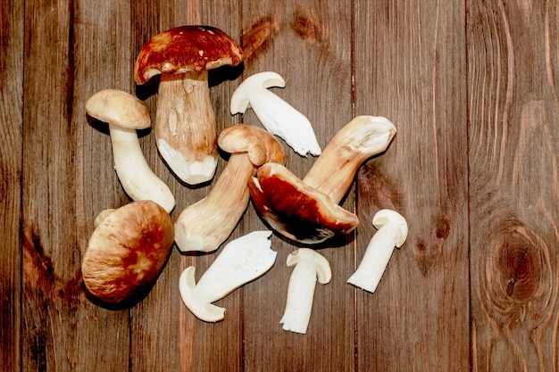 Boletus edulis on a table made of brown boards preparation for eating