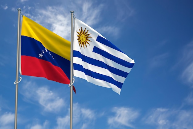 Bolivariaanse Republiek Venezuela en Oosterse Republiek Uruguay Vlaggen Over Blauwe Hemel Achtergrond 3D Illustratie