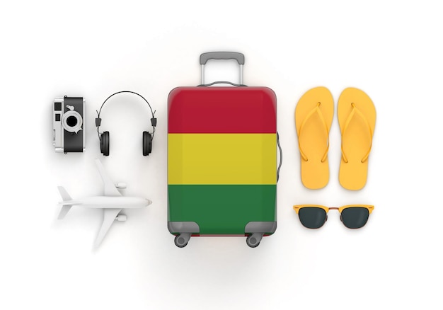 Bolivia flag suitcase and travel accessories lay flat d render