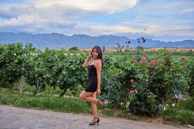 bolivian woman strolling in vineyard in tarija