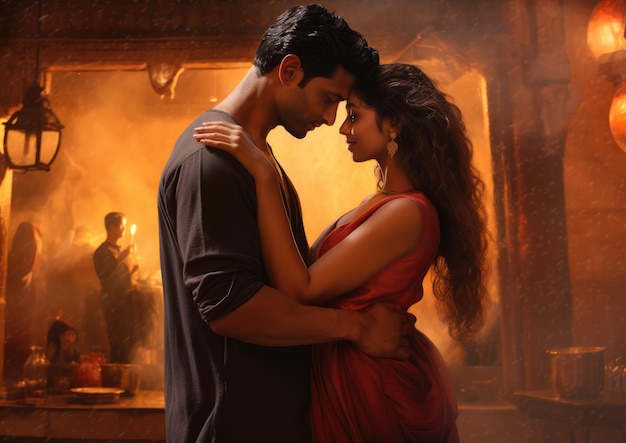 A bollywood actor and actress performing a romantic scene