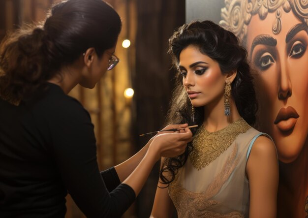 A Bollywood makeup artist creating a look for an actress