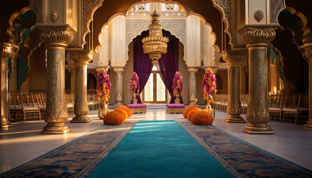 Photo bollywood wedding stage with vibrant colors golden accents and a luxurious red carpet