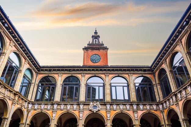 Bologna Italy Biblioteca Comunale dell Archiginnasio clock tower against sky