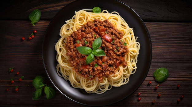 Foto bolognese cucinata con lenticchie e pasta vista dall'alto