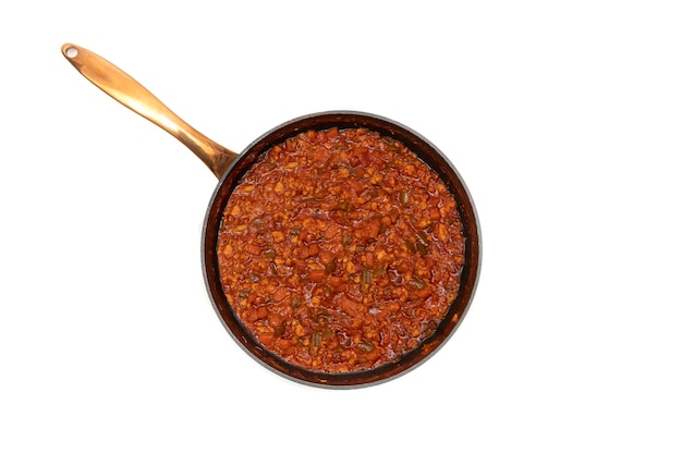 Bolognese sauce in a pan, isolated on white background.