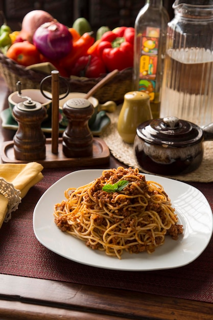 Bolognese spaghetti tomato and beef sauce traditional peruvian\
comfort food homemade cuisine