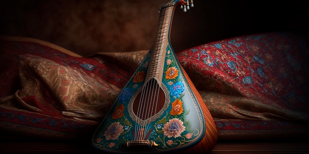 A bolshoi guitar with a blue and red pattern.