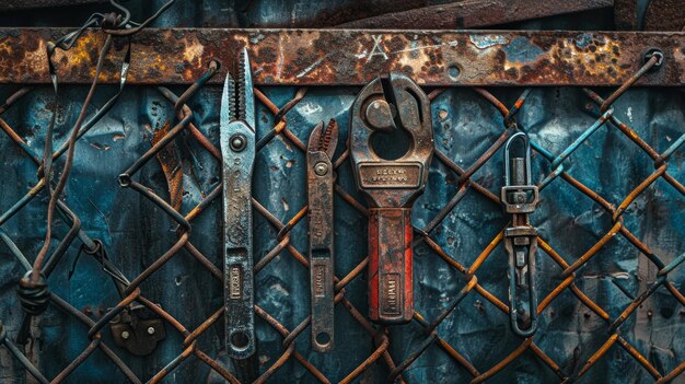 Bolt cutters and padlocks on a workbench tools of entry and escape backdrop of chain link fences