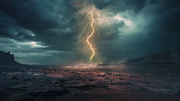 A bolt of lightning strikes the desert floor during a raging storm The dark clouds and swirling winds create a sense of danger and foreboding