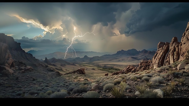 A bolt of lightning strikes the desert floor during a summer storm The dark clouds and rugged rocks create a dramatic scene