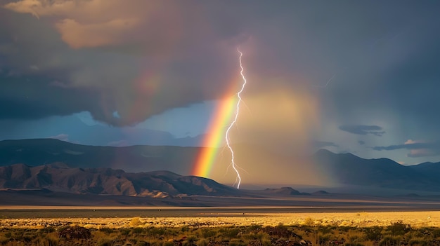 A bolt of lightning strikes the ground in the middle of a desert landscape