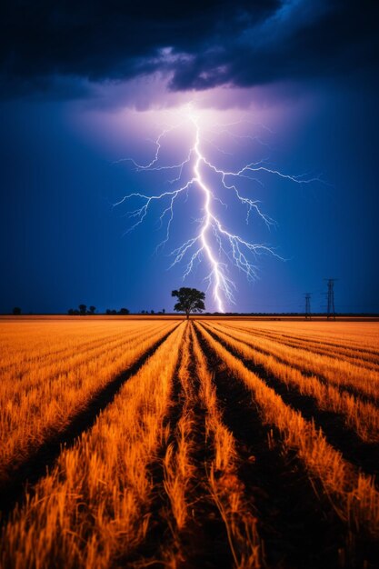 A bolt of lightning strikes a tree in a field during a thunderstorm