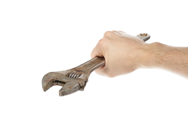 Гаечный ключ с регулируемой головкой в руке рабочего-строителя, изолированного на белом фоне