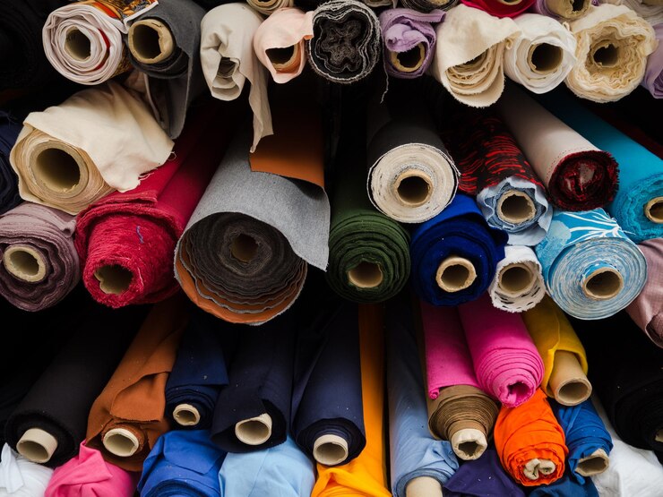 Photo bolts of cloth on sale at market