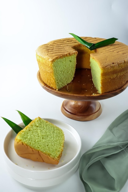 Bolu Pandan or Pandan sponge cake or pandan chiffon cake on white background