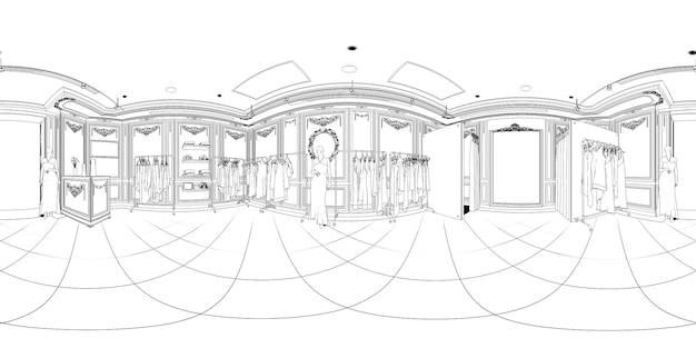 bolvormig panorama van het interieur contour visualisatie 3D illustratie schets schets