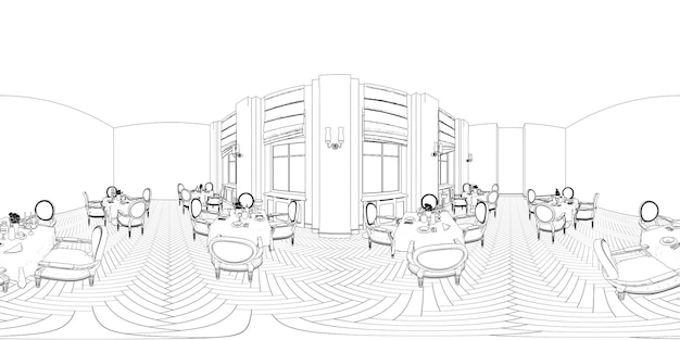bolvormig panorama van het interieur contour visualisatie 3D illustratie schets schets